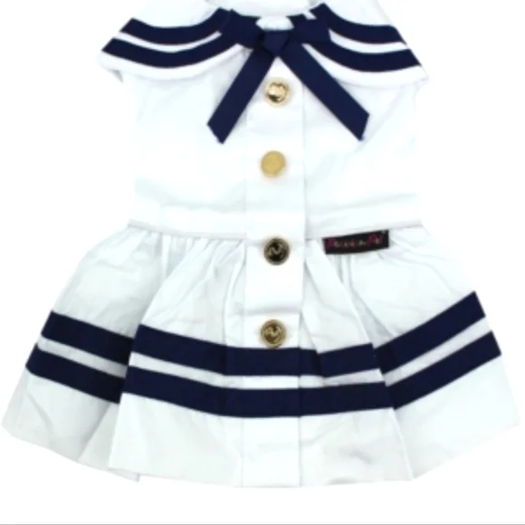 Parisian pet sailor dog dress. White blue gold medium or large.  New - Picture 2 of 12